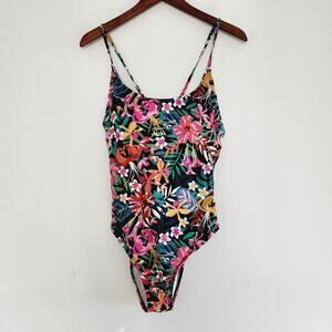 Hurley Floral Print One-Piece Cutout Swimsuit Black Pink Yellow Small